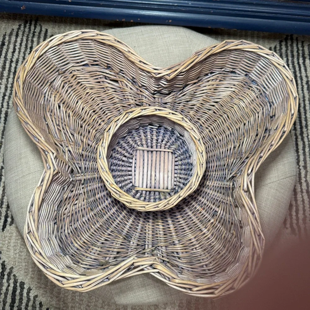 Vintage Butterfly Wicker Rattan Chip Dip Serving Basket Gray Boho Cottagecore
